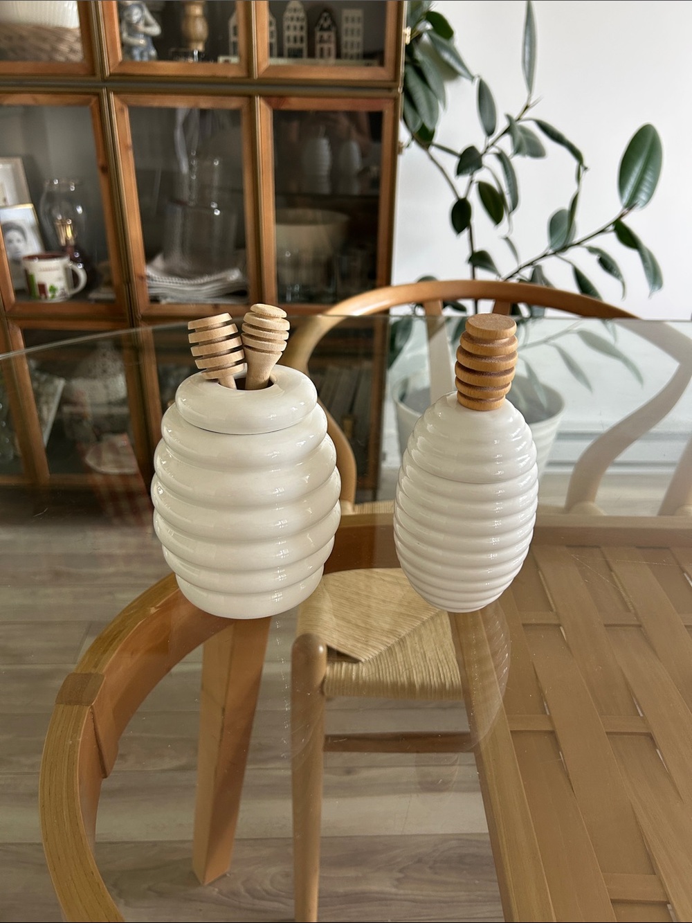 Ceramic White Honey Jar Set with Wood Dippers - Home Accents